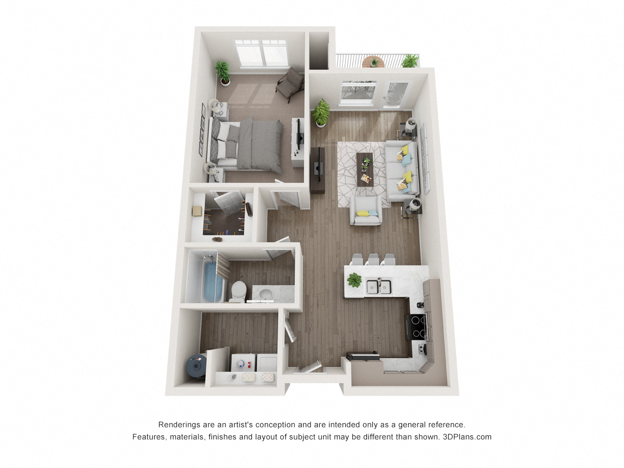 Floor plan for 1 bed, 1 bath, 1057 sqft